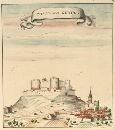 Drawing of the Castle and Village of Châtel-Guyon (circa 1450) inspired by Guillaume Revel, L